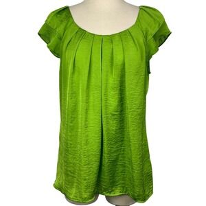 Spense Green Textured Blouse Cap Sleeve Pleated Scoop Neck Women's L